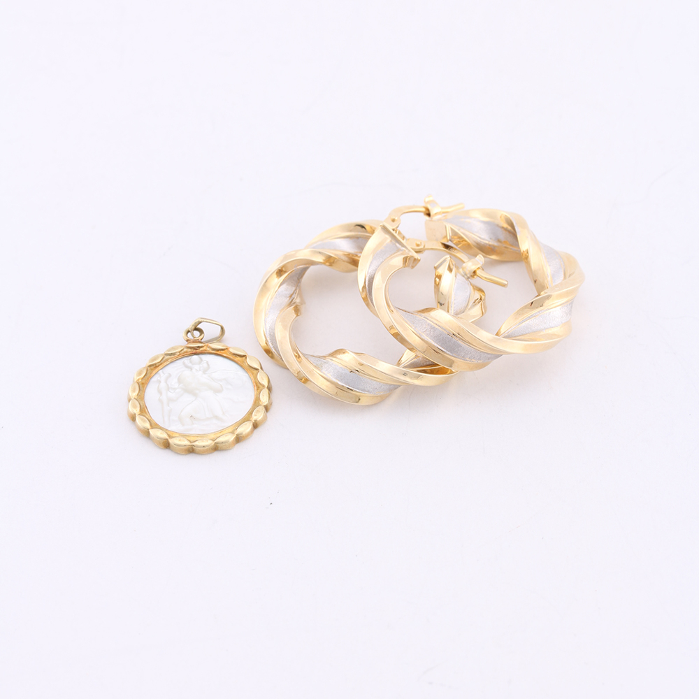 14K Yellow Gold Twist Earrings and Mother of Pearl Charm