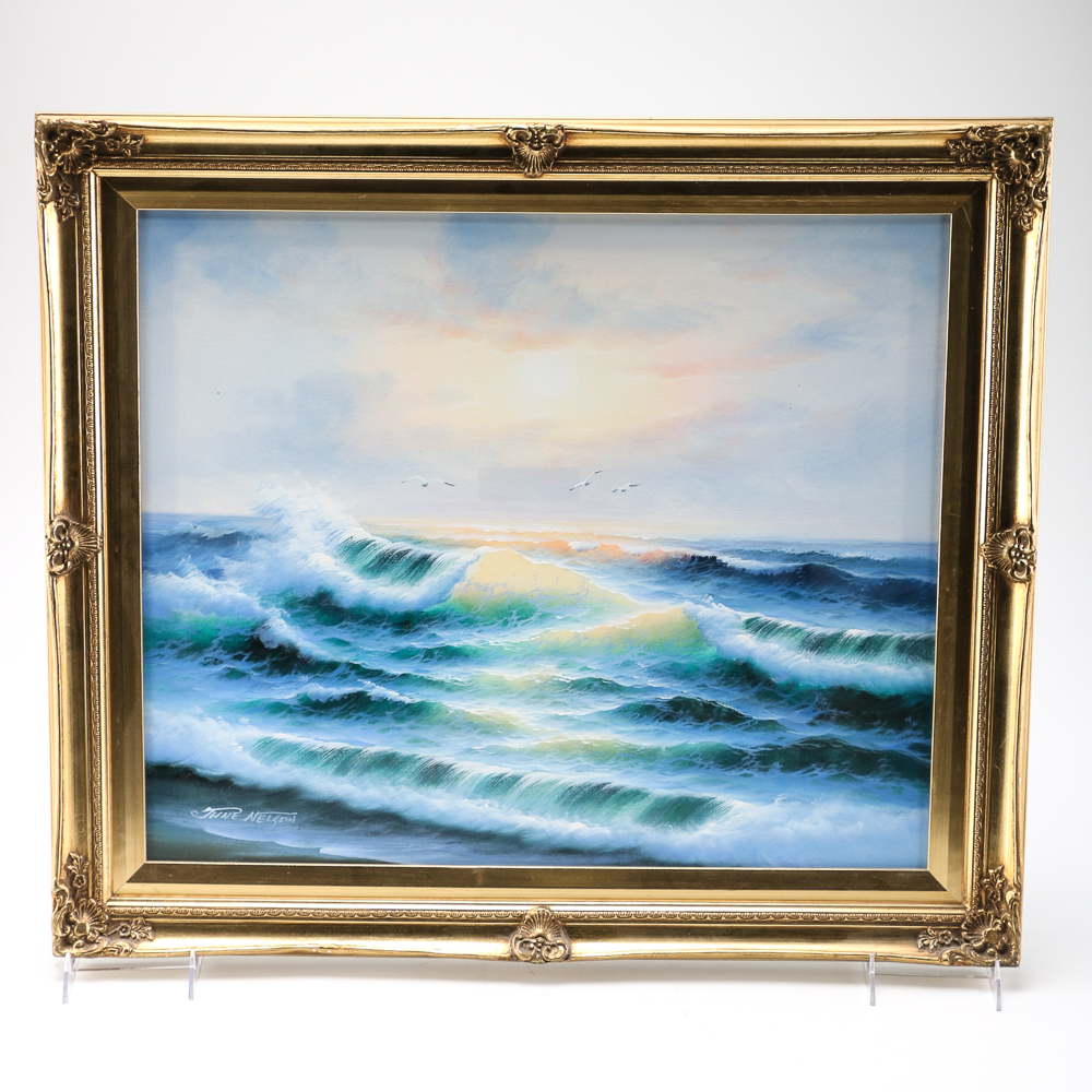 June Nelson Signed Oil Painting on Canvas of a Seascape