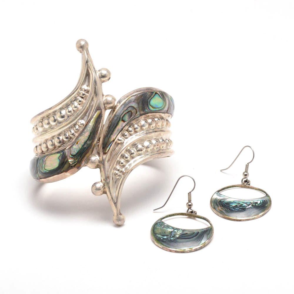 Mexican Sterling Abalone Shell Hinged Bracelet with Earrings