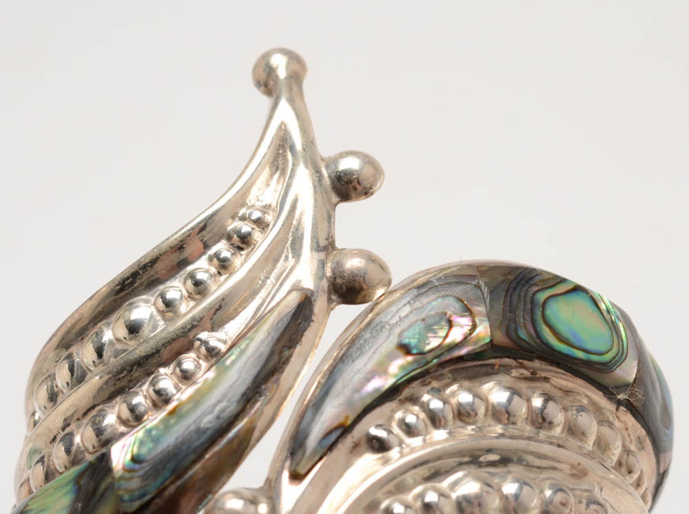 Mexican Sterling Abalone Shell Hinged Bracelet with Earrings