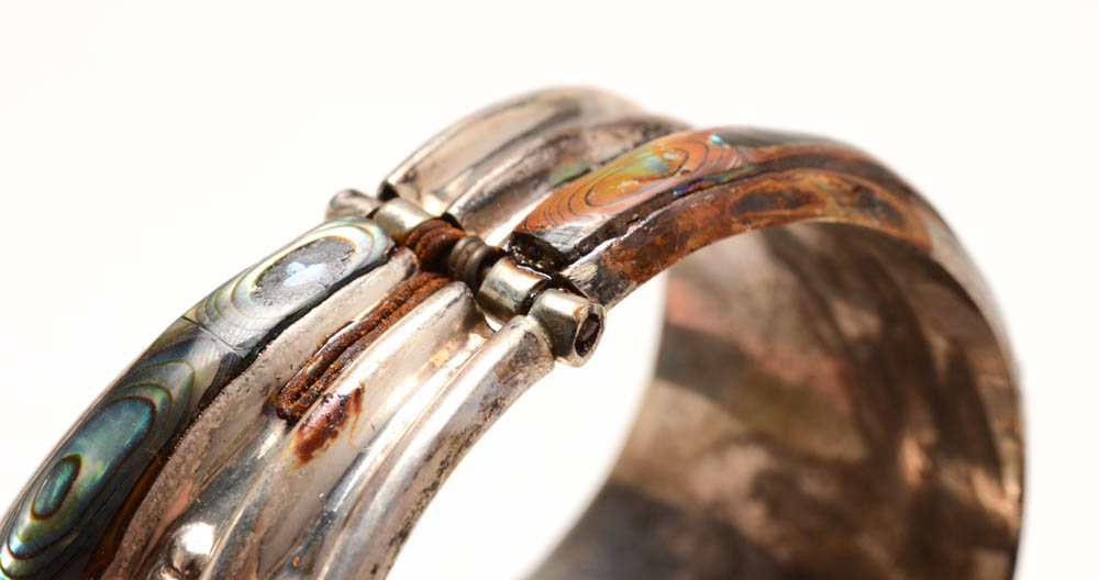 Mexican Sterling Abalone Shell Hinged Bracelet with Earrings