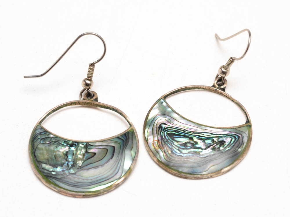 Mexican Sterling Abalone Shell Hinged Bracelet with Earrings