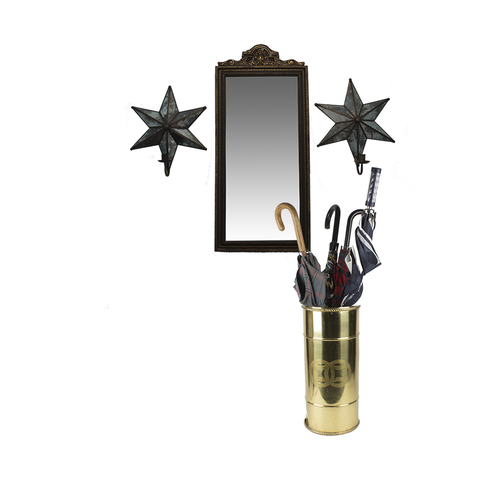 Vintage Mirror with Sconces and Brass Unbrella Stand