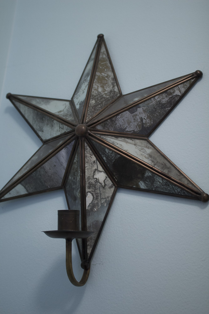 Vintage Mirror with Sconces and Brass Unbrella Stand