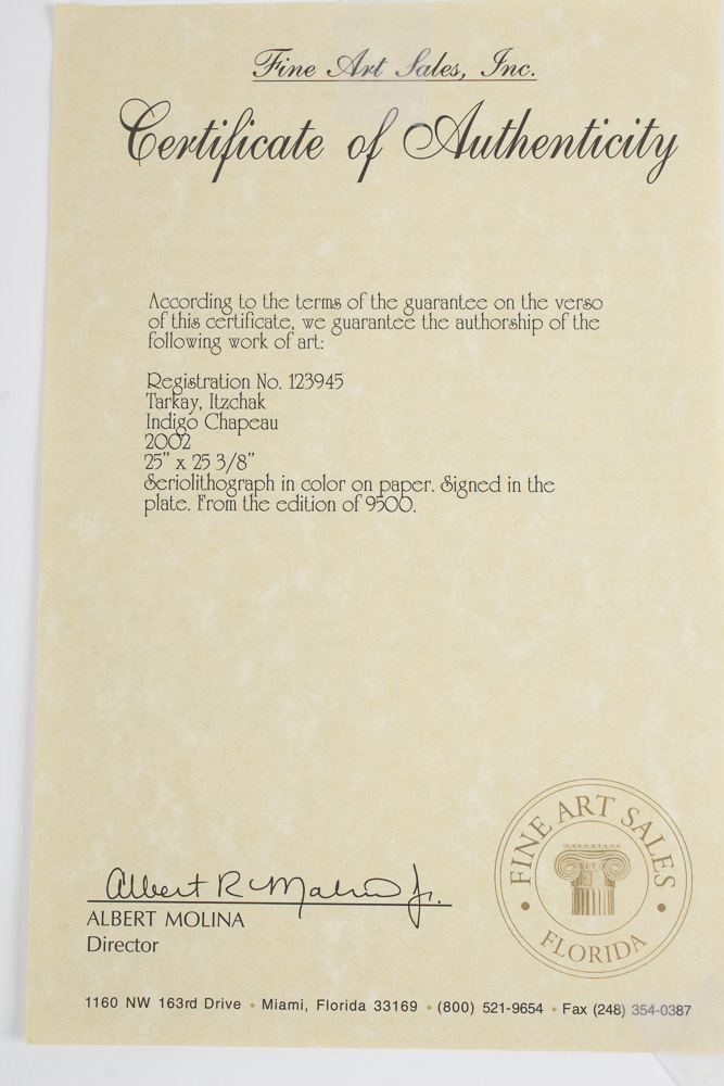 Itzchak Tarkay Unframed Seriolithograph "Indigo Chapeau"