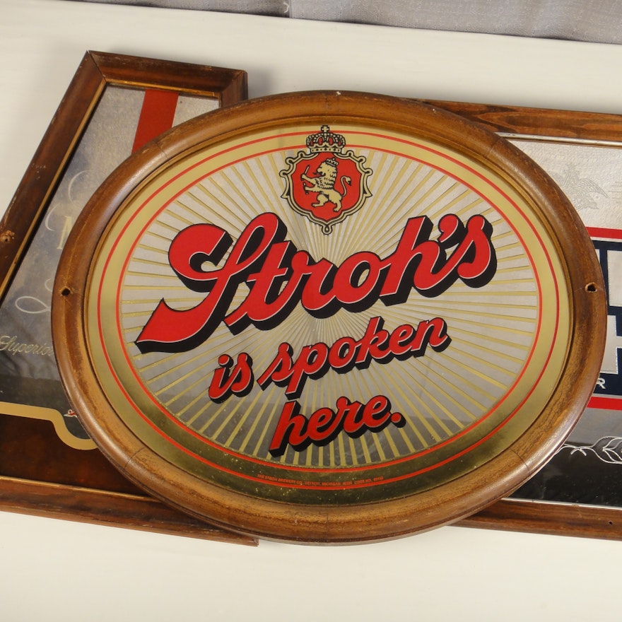 Vintage Stroh's, Bud Light and Michelob Light Mirrored Beer Signs