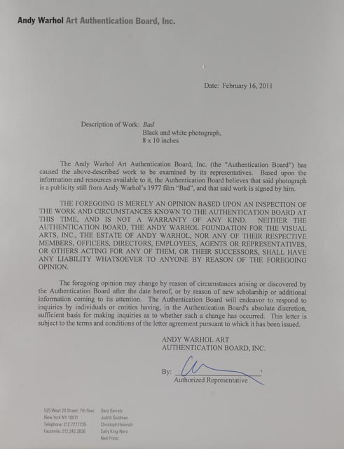 Photographic Still from "Bad" Signed by Andy Warhol with AWAAB