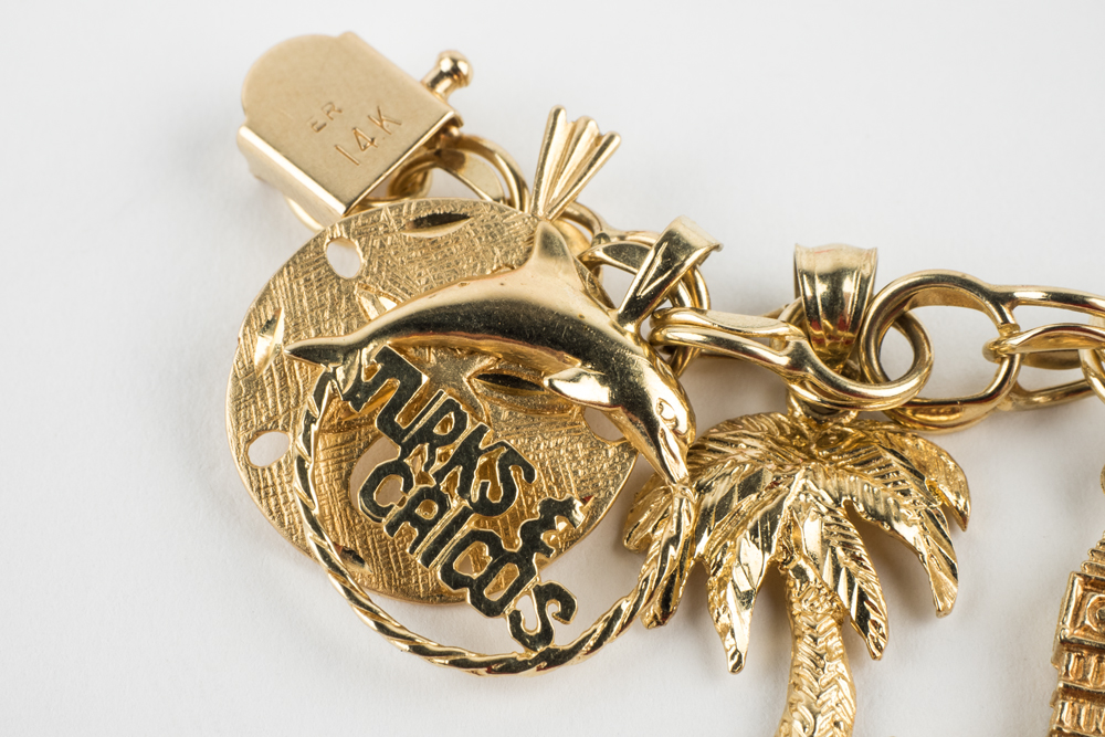 14K Yellow Gold Charm Bracelet With Cubic Zirconia