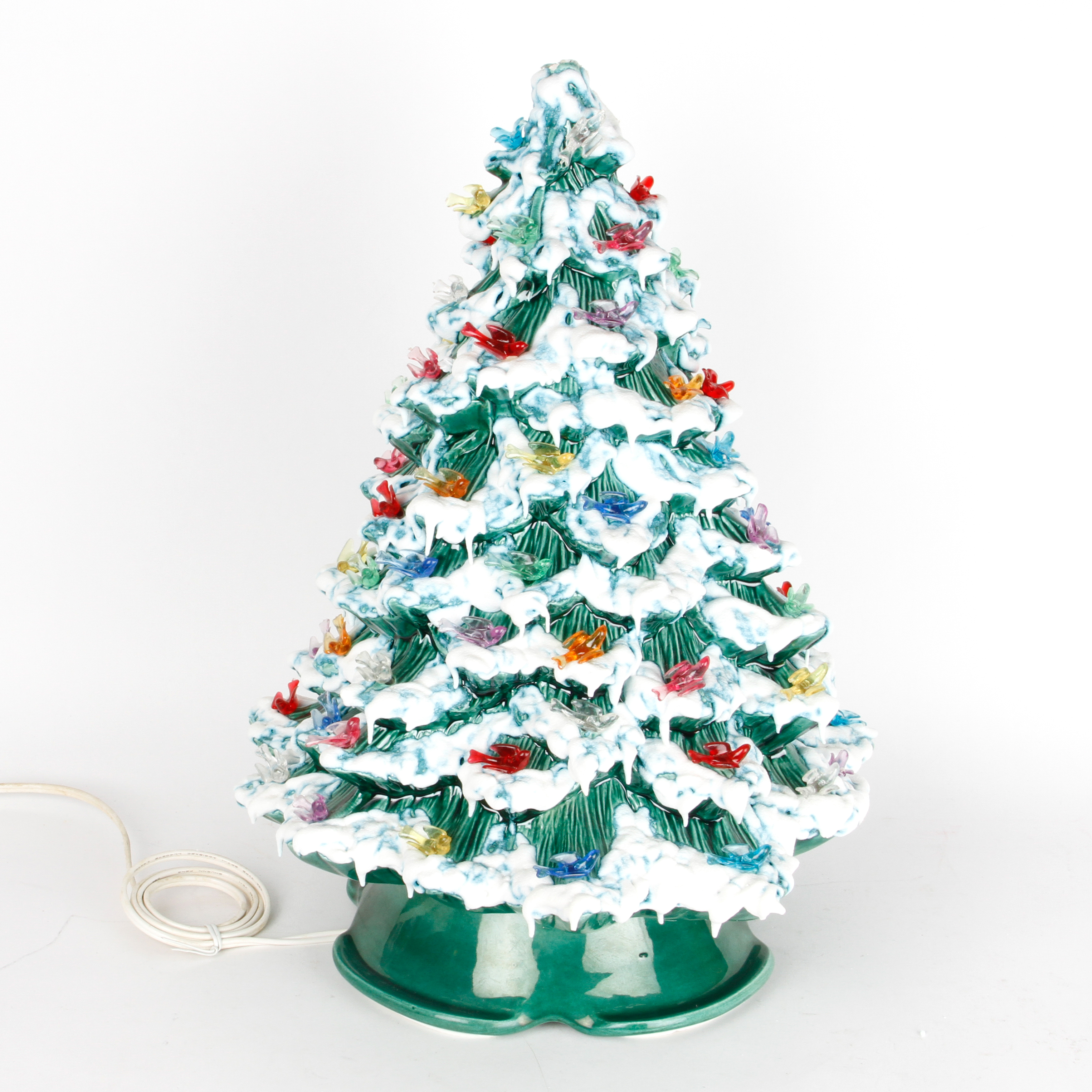 Vintage Ceramic Christmas Tree Lamp with Bird Ornaments