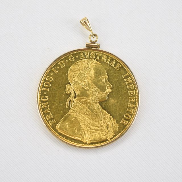 24K 1915 Austrian 4-Ducat Coin Re-Strike Pendant with 14K Gold Coin Holder and Pendant Eye