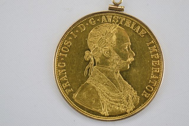 24K 1915 Austrian 4-Ducat Coin Re-Strike Pendant with 14K Gold Coin Holder and Pendant Eye