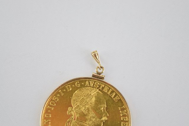 24K 1915 Austrian 4-Ducat Coin Re-Strike Pendant with 14K Gold Coin Holder and Pendant Eye