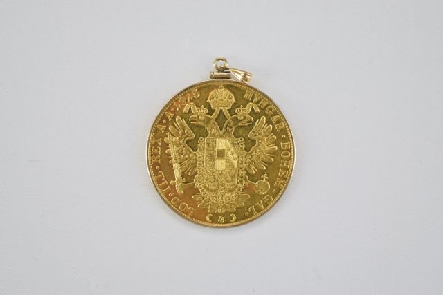 24K 1915 Austrian 4-Ducat Coin Re-Strike Pendant with 14K Gold Coin Holder and Pendant Eye