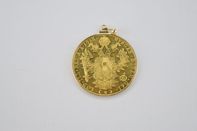 24K 1915 Austrian 4-Ducat Coin Re-Strike Pendant with 14K Gold Coin Holder and Pendant Eye