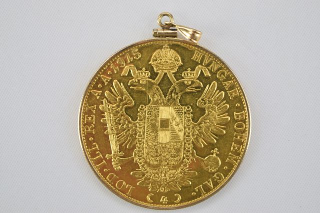 24K 1915 Austrian 4-Ducat Coin Re-Strike Pendant with 14K Gold Coin Holder and Pendant Eye