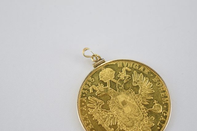 24K 1915 Austrian 4-Ducat Coin Re-Strike Pendant with 14K Gold Coin Holder and Pendant Eye