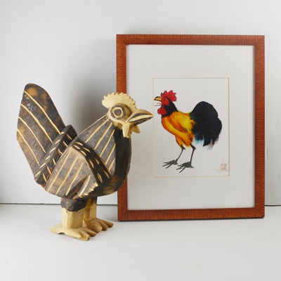 Tai Poon "Rooster" Original Watercolor on Silk and Carved Rooster