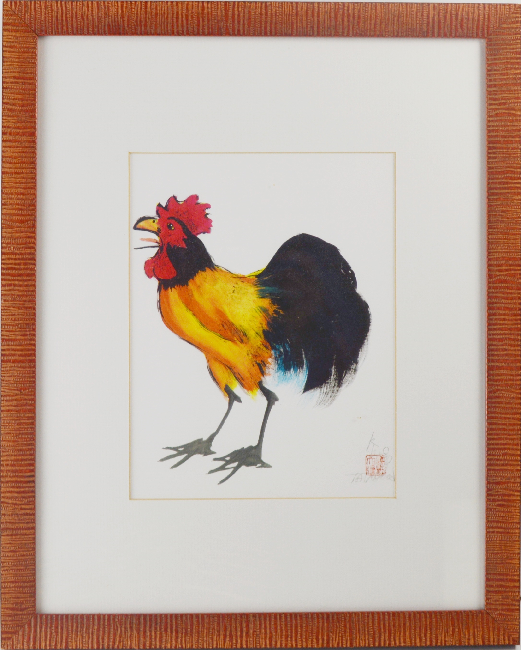 Tai Poon "Rooster" Original Watercolor on Silk and Carved Rooster