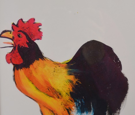 Tai Poon "Rooster" Original Watercolor on Silk and Carved Rooster