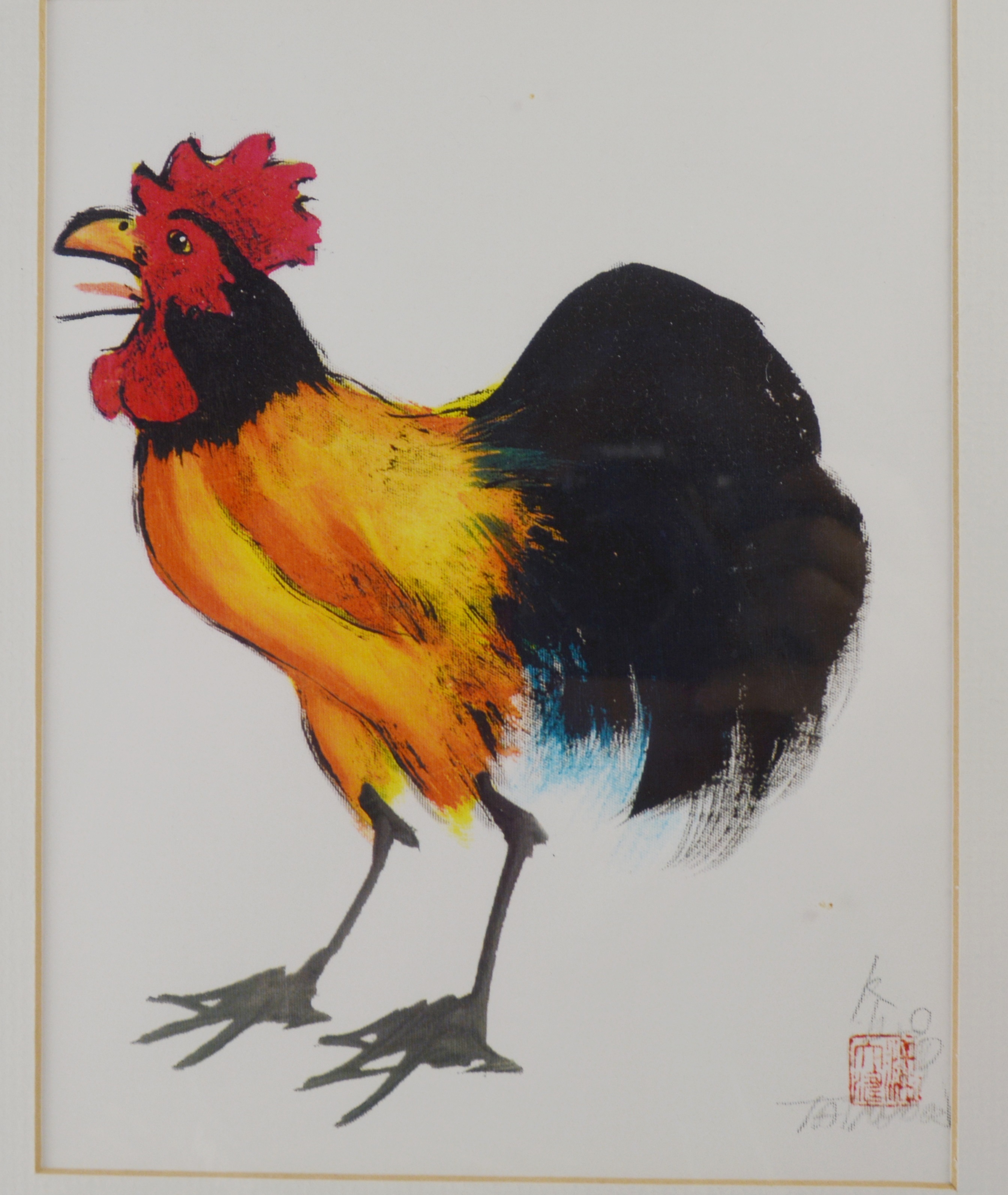Tai Poon "Rooster" Original Watercolor on Silk and Carved Rooster