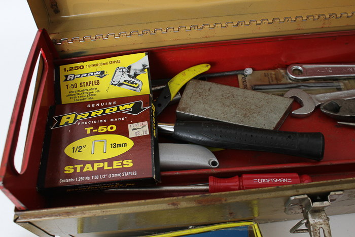 Assortment of Tools and Tool Box, Including a Vintage Craftsman Drill
