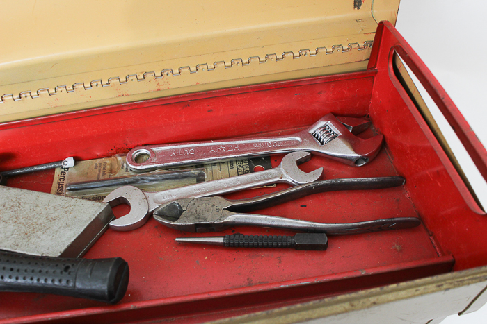 Assortment of Tools and Tool Box, Including a Vintage Craftsman Drill