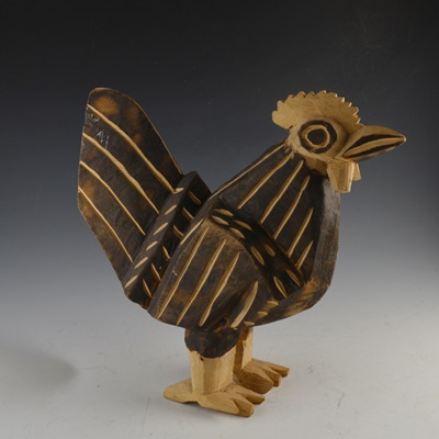 Tai Poon "Rooster" Original Watercolor on Silk and Carved Rooster