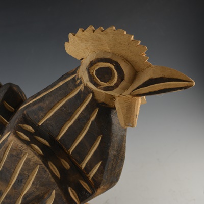 Tai Poon "Rooster" Original Watercolor on Silk and Carved Rooster