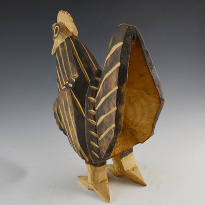 Tai Poon "Rooster" Original Watercolor on Silk and Carved Rooster