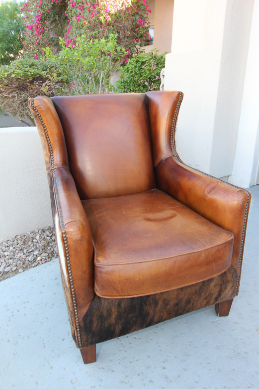 Wayne Phillips for Barcalounger Leather Cowhide Arm Chair and Ottoman