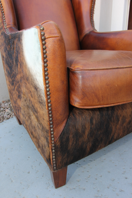 Wayne Phillips for Barcalounger Leather Cowhide Arm Chair and Ottoman