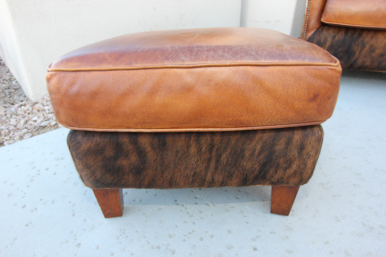 Wayne Phillips for Barcalounger Leather Cowhide Arm Chair and Ottoman