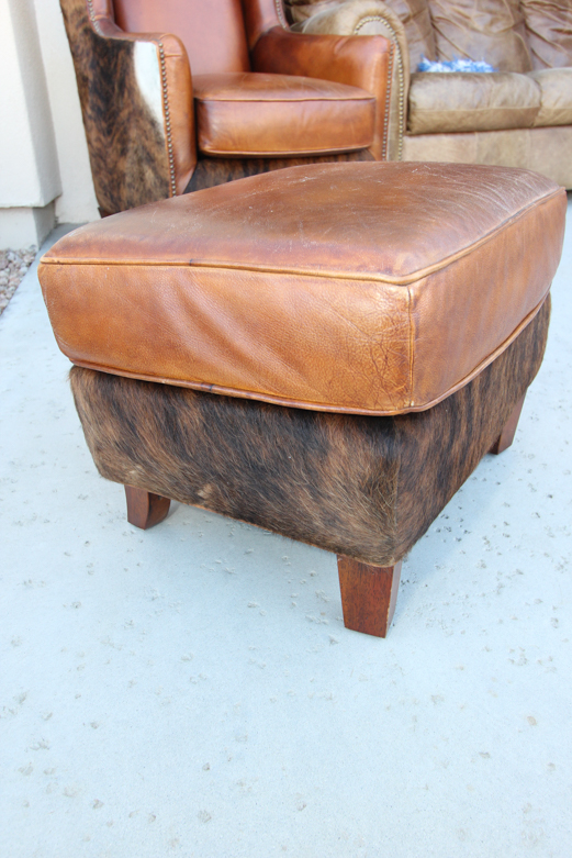 Wayne Phillips for Barcalounger Leather Cowhide Arm Chair and Ottoman