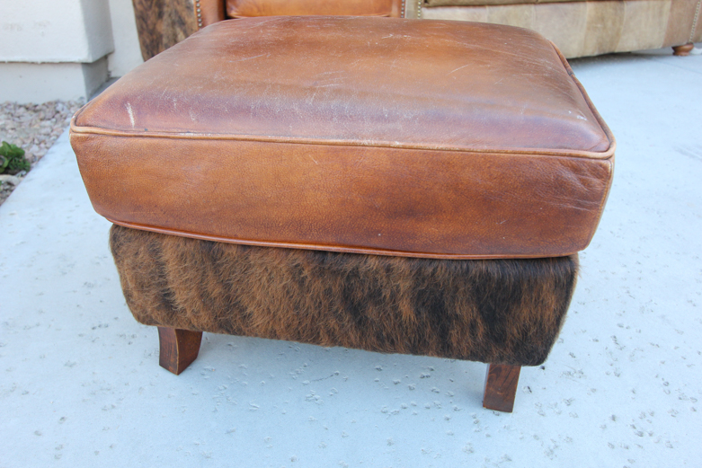 Wayne Phillips for Barcalounger Leather Cowhide Arm Chair and Ottoman