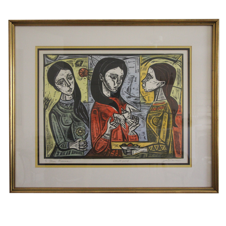 Irving Amen Artist's Proof Colored Woodcut "Three Graces"