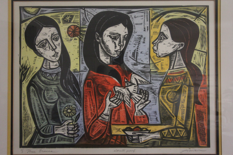 Irving Amen Artist's Proof Colored Woodcut "Three Graces"