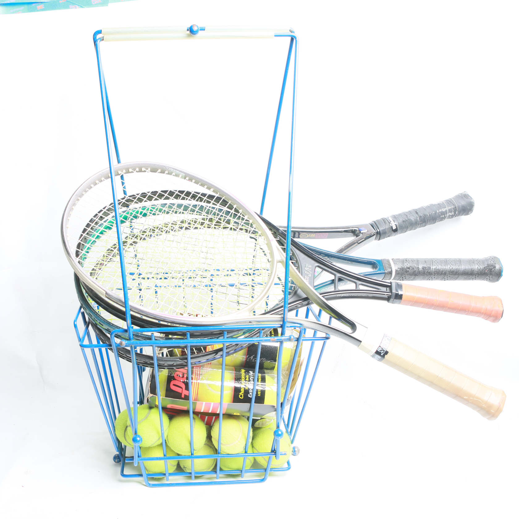 Metal Tennis Ball Basket with Balls and 4 Tennis Rackets