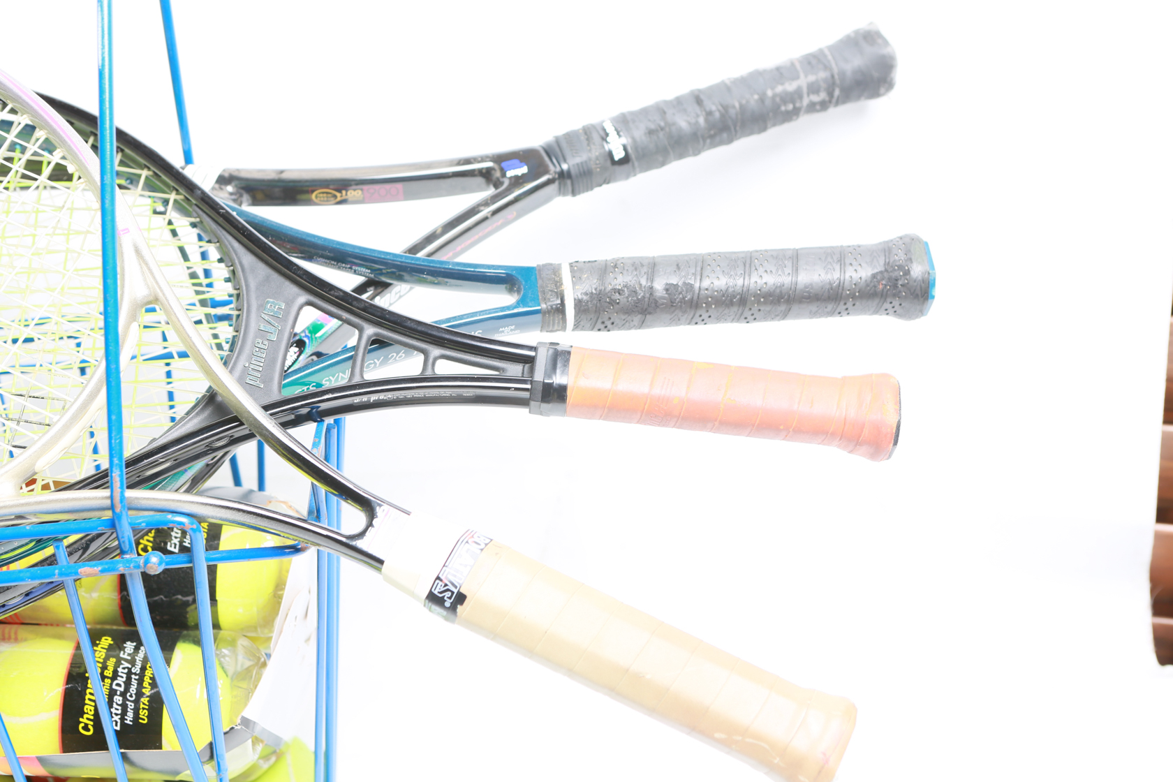 Metal Tennis Ball Basket with Balls and 4 Tennis Rackets