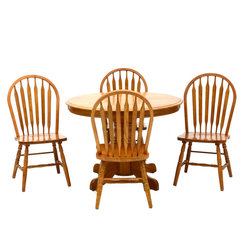 Round Oak Pedestal Dining Table with Extension and Chairs