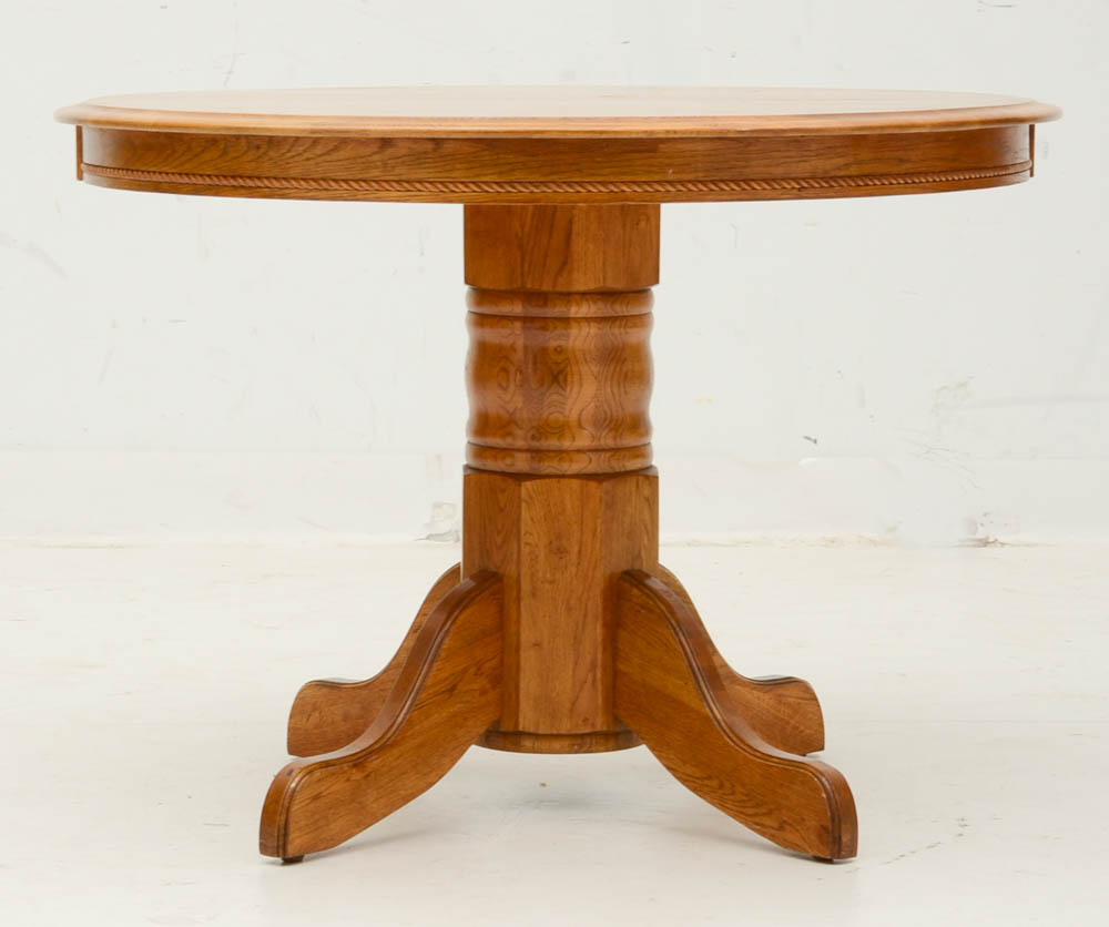 Round Oak Pedestal Dining Table with Extension and Chairs