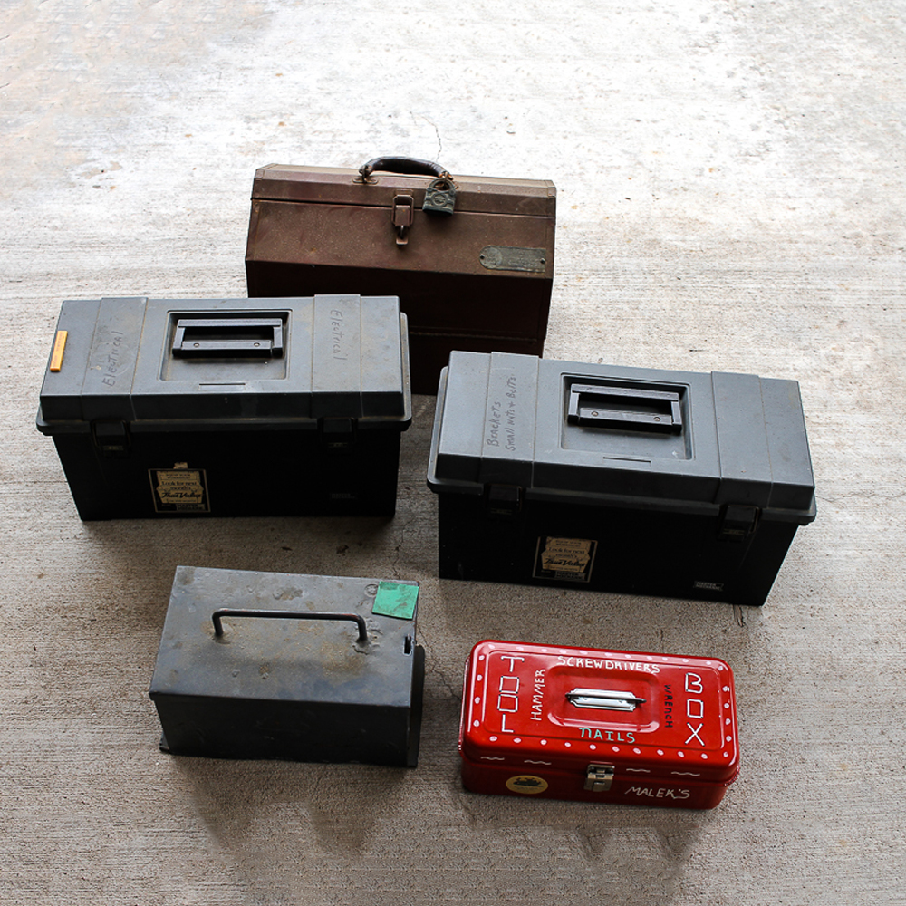 Collection of Tool Boxes with Tools and Hardware