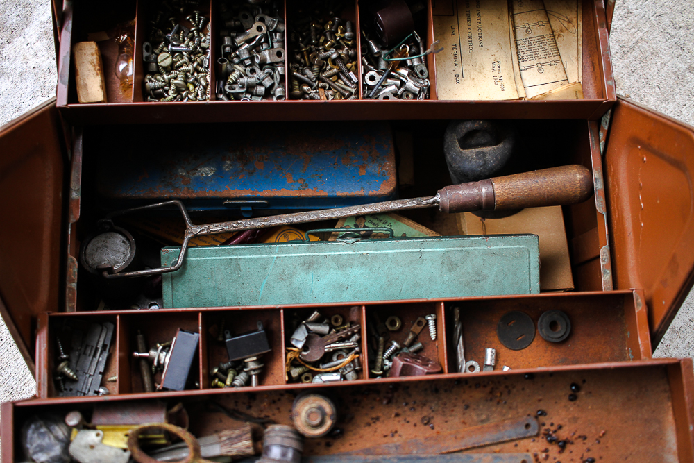 Collection of Tool Boxes with Tools and Hardware