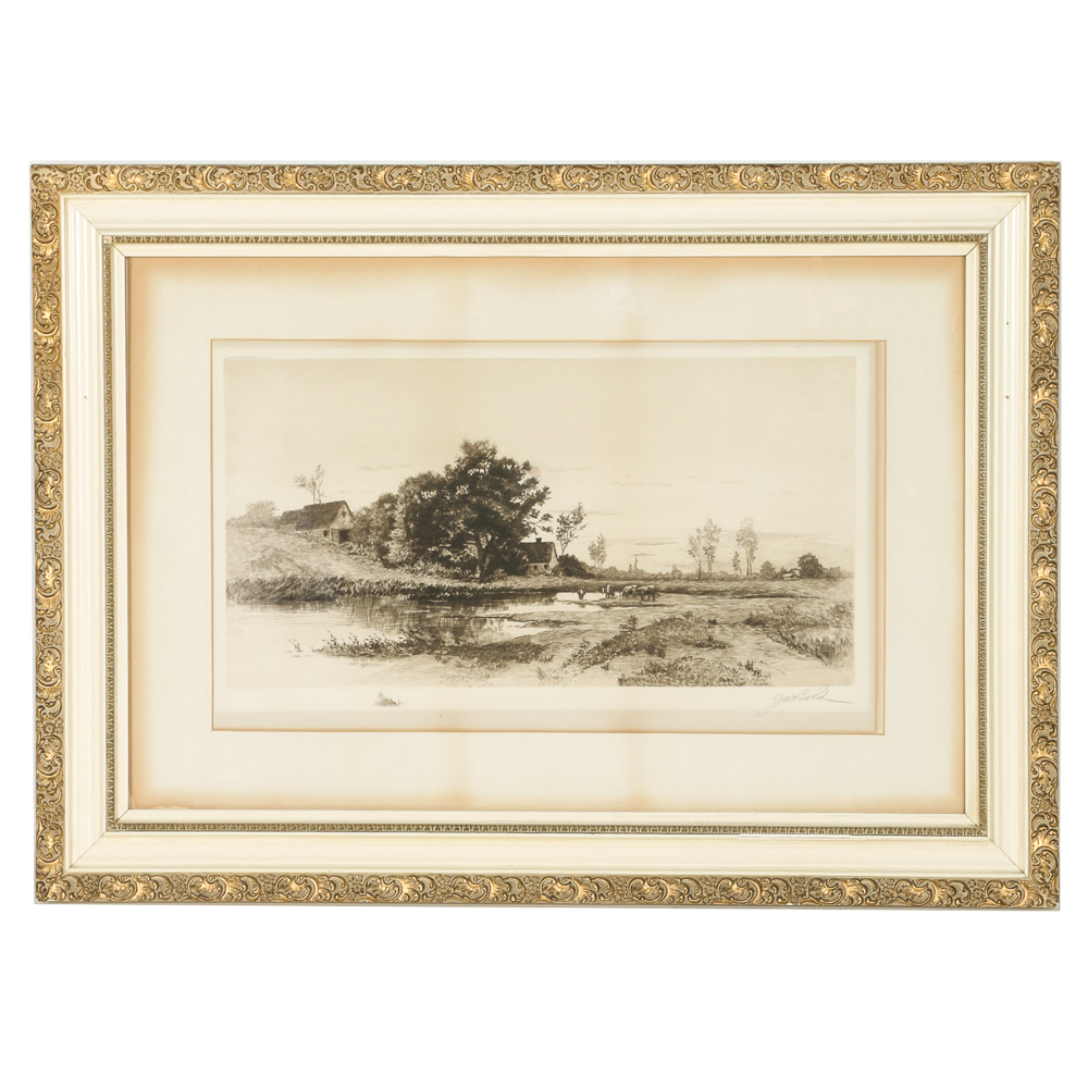 G.W. Bohde Original Etching Depicting Rural Farm
