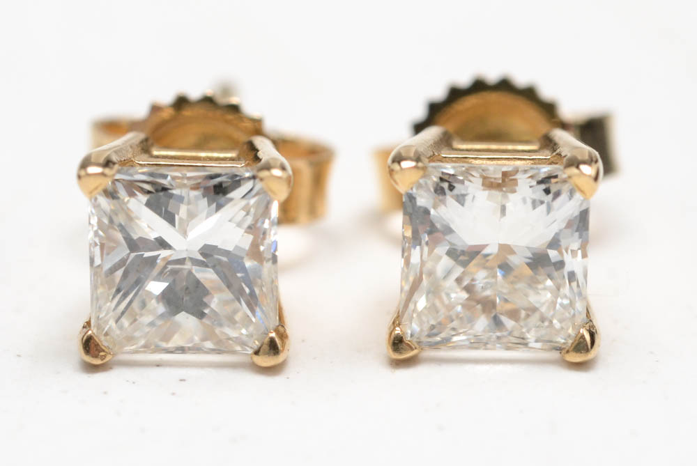 14K Yellow Gold Princess Cut Diamond Earrings