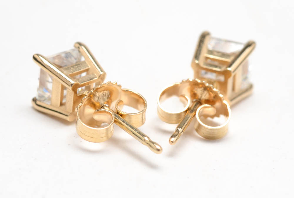 14K Yellow Gold Princess Cut Diamond Earrings