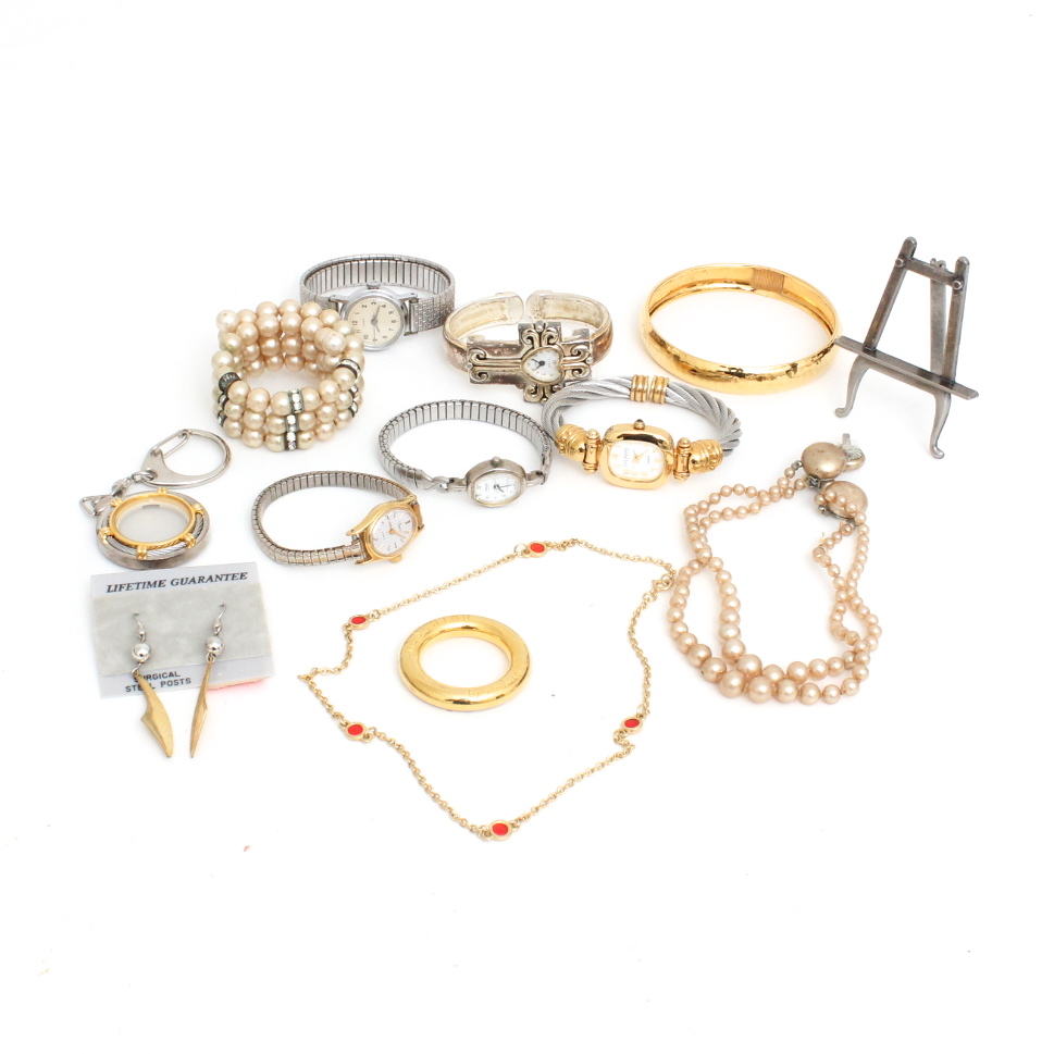 Collection of Costume Jewelry, Parts, Watches, and More