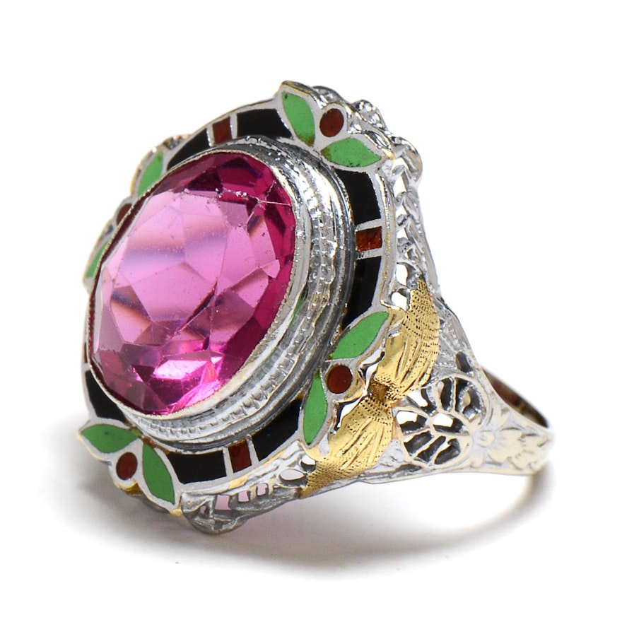 Art Deco 14K White Gold Purple Glass Enameled Ring