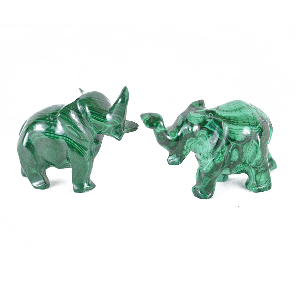 Vibrant Carved Malachite Elephant Figurines