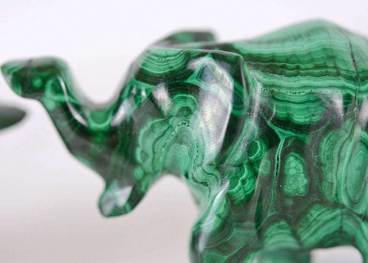 Vibrant Carved Malachite Elephant Figurines