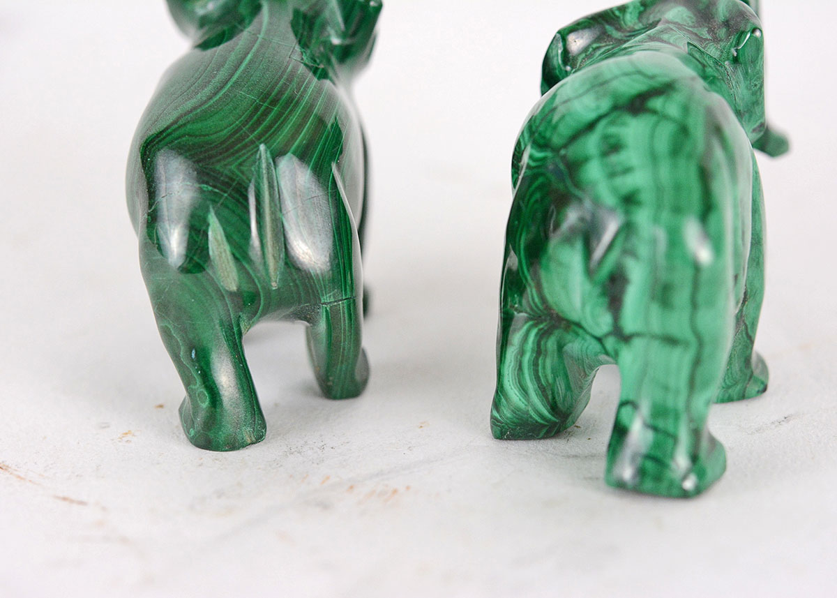 Vibrant Carved Malachite Elephant Figurines
